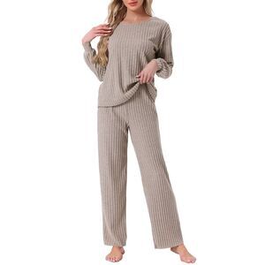 Ribbed Knit 2 Piece Long Sleeve Top and Pants Pajamas Sets Camel